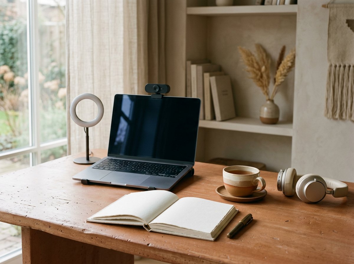 Rustige thuiswerkplek met laptop, webcam, ringlamp en notitieboek